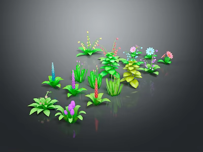 3D Rendered Colorful Plants with Green Leaves Various Colored Flowers on Gray Background and Reflections 3d model