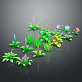 3D Rendered Colorful Plants with Green Leaves Various Colored Flowers on Gray Background and Reflections