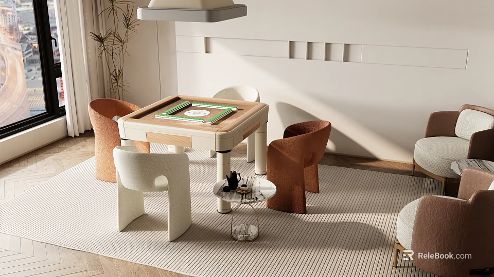 Modern Entertainment Table with Green Top and Surrounding Orange White Chairs in Living Room 3d model 