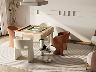 Modern Entertainment Table with Green Top and Surrounding Orange White Chairs in Living Room 3d model