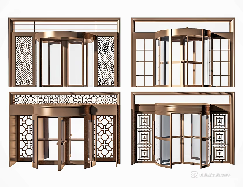 Brass Revolving Doors With Lattice Patterns And Glass Panels In Various Styles 3d model 