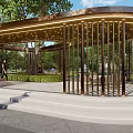 Modern Circular Pavilion With Golden Pillars Green Plants And Stone Steps