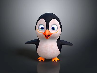 Cute Cartoon Penguin With Big Blue Eyes Open Wings And Orange Feet On Gray Background 3d model