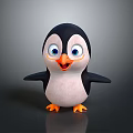 Cute Cartoon Penguin With Big Blue Eyes Open Wings And Orange Feet On Gray Background