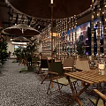 Cozy Natural Restaurant Interior With Wooden Tables Chairs Hanging Light Strings And Green Plants