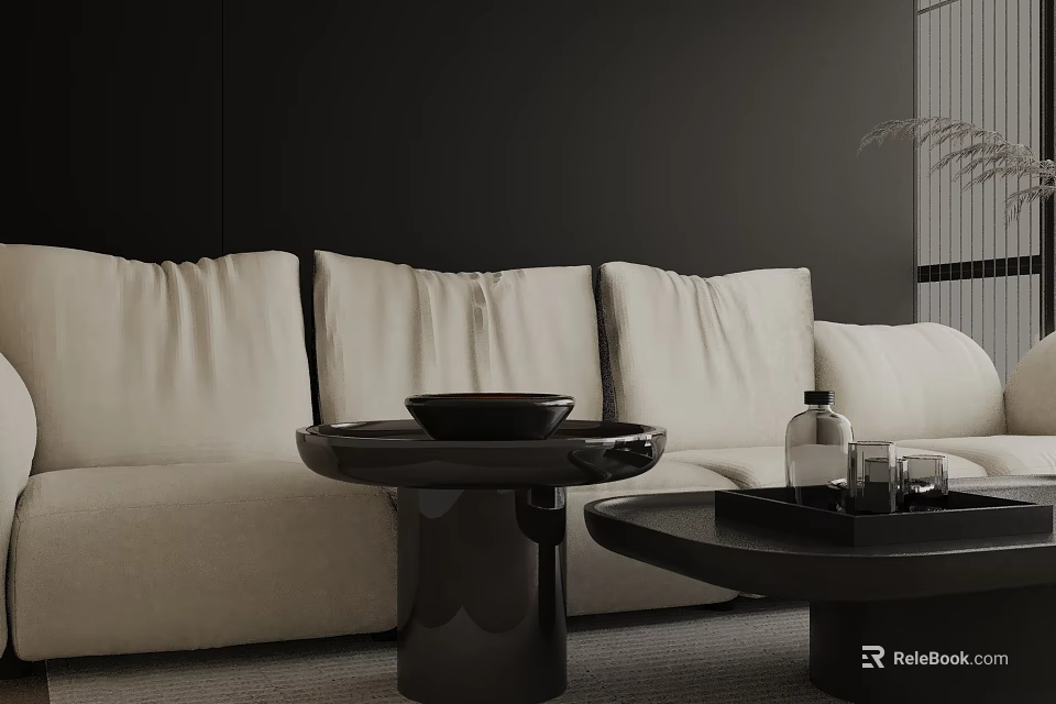 Modern Living Room With Beige Fabric Three Seater Sofa And Black Coffee Tables 3d model 