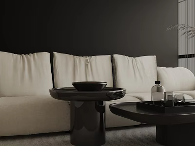 Modern Living Room With Beige Fabric Three Seater Sofa And Black Coffee Tables 3d model
