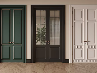 Stylish Paneled Double Doors in Green Black White with Glass Panes and Herringbone Wooden Floor 3d model