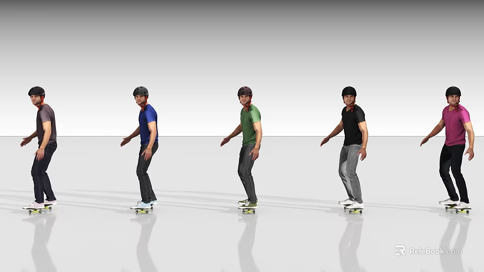 Three Men Skateboarding on Smooth Surface Wearing Different Colored Clothes 3d model 