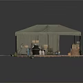 Modern Outdoor Wooden Platform With Canopy Storage Items Barrels Boxes And Ladder