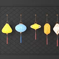 Five Lanterns of Various Colors and Shapes Hanging On Black Grid Background