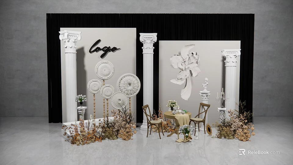 Elegant Decorative Scene With Black Backdrop White Columns Logo Floral Pattern Table And Chairs 3d model