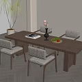 Dining Table Set With Wooden Top Woven Seats Chairs Vase Flowers Fruit Plate Magazine Green Plant