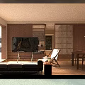 Modern Minimalist Living Dining Room With Sofa Coffee Table TV Large Window And Wooden Floor