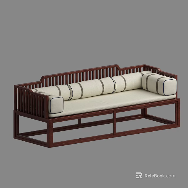Dark Brown Wooden Frame Multi Person Sofa With Vertical Striped Backrest And Light Colored Cushions 3d model 