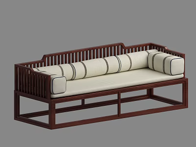 Dark Brown Wooden Frame Multi Person Sofa With Vertical Striped Backrest And Light Colored Cushions 3d model