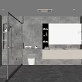 Modern Bathroom With Gray Marble Walls Glass Shower Double Vanity And Large Mirror