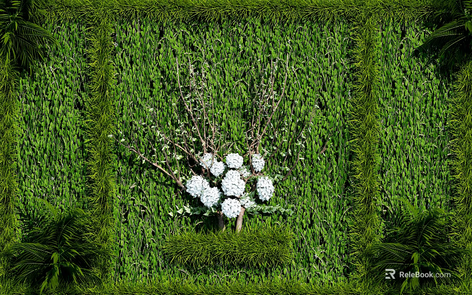Green Plant Wall Design With Lush Green Foliage And White Flowers Decoration 3d model 