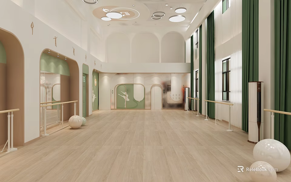 School Dance Studio Interior With Light Wooden Floor Green Curtains And Ballet Barres 3d model 