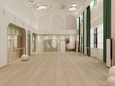 School Dance Studio Interior With Light Wooden Floor Green Curtains And Ballet Barres 3d model