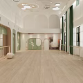 School Dance Studio Interior With Light Wooden Floor Green Curtains And Ballet Barres