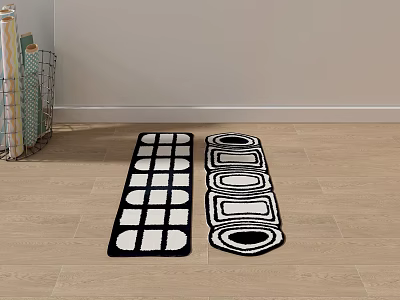 Stylish Black and White Patterned Area Rugs with Grid and Circular Designs on Wooden Floor 3d model