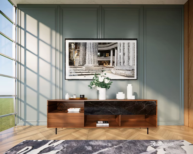 Modern TV Stand With Wooden Structure Marble Top And Decorative Vase Against Green Wall 3d model 