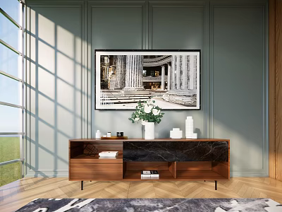 Modern TV Stand With Wooden Structure Marble Top And Decorative Vase Against Green Wall 3d model