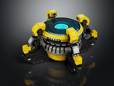 Industrial Mechanical Device With Yellow Black Circular Base And Blue Glowing Center 3d model