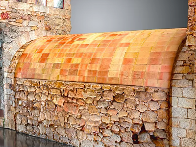 Traditional Architecture With Stone Wall And Arched Red Brick Tiled Roof 3d model