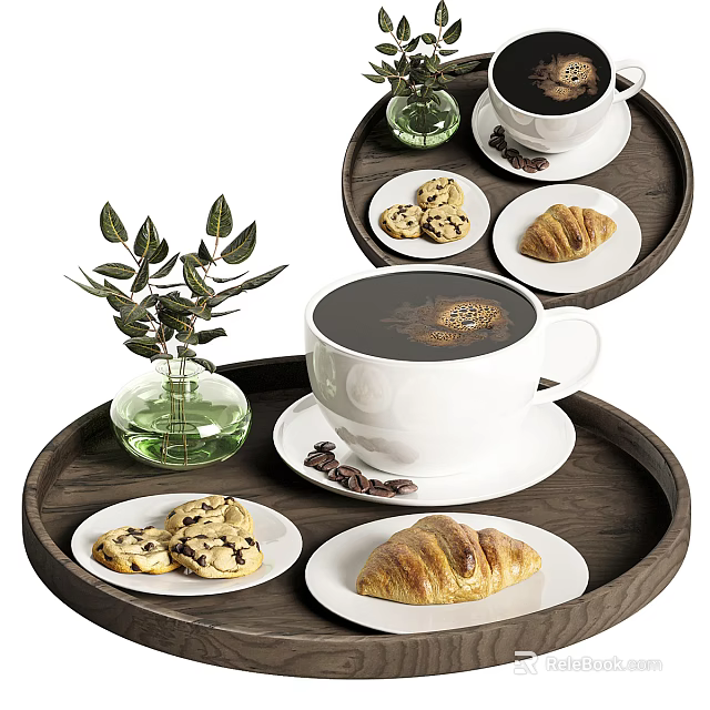 Fresh Coffee With Cookies And Croissant On Wooden Tray With Green Leaf Vase And Coffee Beans 3d model 