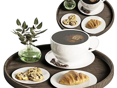 Fresh Coffee With Cookies And Croissant On Wooden Tray With Green Leaf Vase And Coffee Beans 3d model
