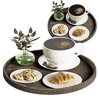Fresh Coffee With Cookies And Croissant On Wooden Tray With Green Leaf Vase And Coffee Beans 3d model
