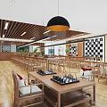 Elegant Hotel Chess Room With Wooden Tables Chairs Black White Checkered Wall And Green Plants