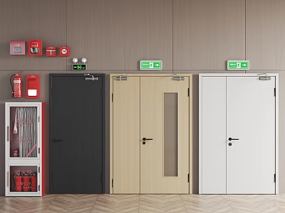 Fire Equipment With Emergency Exit Signs And Wall Mounted Fire Extinguishers 3d model