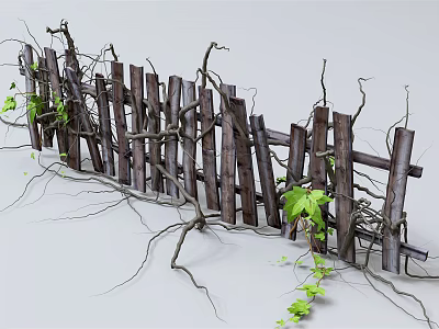 Rustic Wooden Fence Made Of Branches With Green Vines And Leaves 3d model