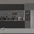 Modern Kitchen Appliances On Countertop Gray Cabinets Open Shelves Jars