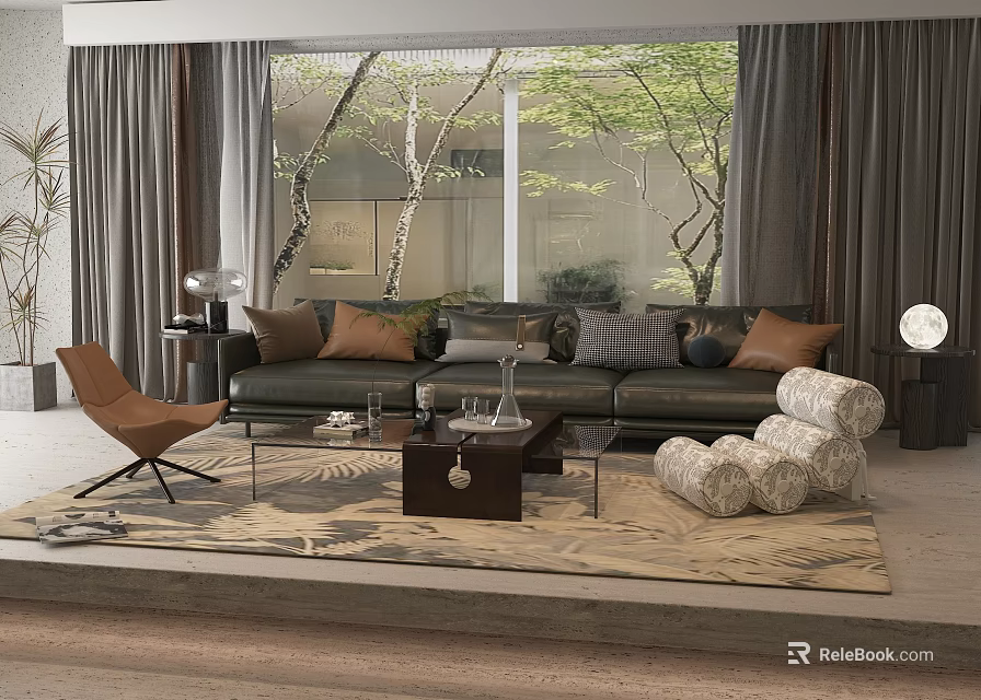 Modern Living Room Interior With Dark Sofa Glass Coffee Table Pillows Armchair And Green Plants 3d model 