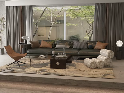 Modern Living Room Interior With Dark Sofa Glass Coffee Table Pillows Armchair And Green Plants 3d model