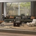 Modern Living Room Interior With Dark Sofa Glass Coffee Table Pillows Armchair And Green Plants