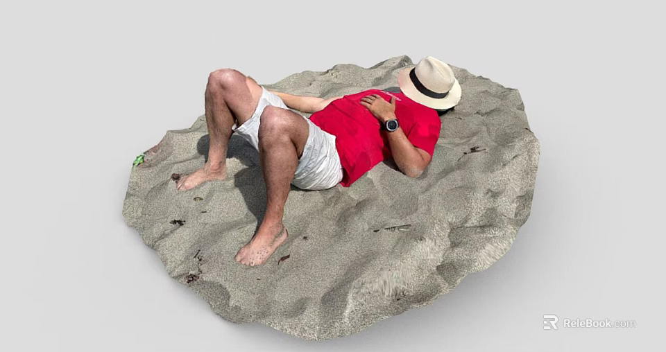 Man Relaxing On Sand Wearing Red Shirt White Shorts And Straw Hat 3d model 