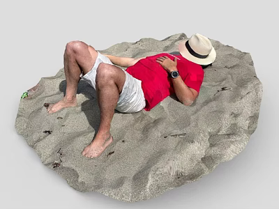 Man Relaxing On Sand Wearing Red Shirt White Shorts And Straw Hat 3d model