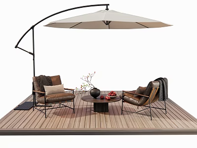 Outdoor Table With Two Chairs And Curved Umbrella On Wooden Deck With Decorative Items 3d model