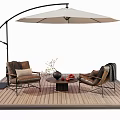 Outdoor Table With Two Chairs And Curved Umbrella On Wooden Deck With Decorative Items