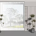 White Vertical Blinds in Modern Interior with Trees Outside and Indoor Plants