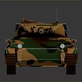 Military Camouflage Tank with Orange Green Black Pattern Turret And Tracks On Dark Background