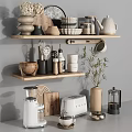 Stylish Kitchen Shelves Showcasing Essential Kitchenware With Dishes Jars Kettle Blender And Potted Plant