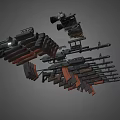 Various Military Weapons Display Including Rifles With Wooden Stocks And Metal Parts