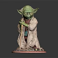 Detailed Yoda Figurine With Green Skin Wearing Brown Robe Holding Cane On Red Base