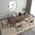 Wooden Chinese Tea Table and Chairs with Round Decorative Painting Green Plant Tea Set
